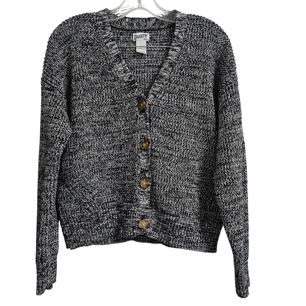 Duluth Cardigan Women L Black White Marled Shaker Knit Cotton V-Neck Heavyweight